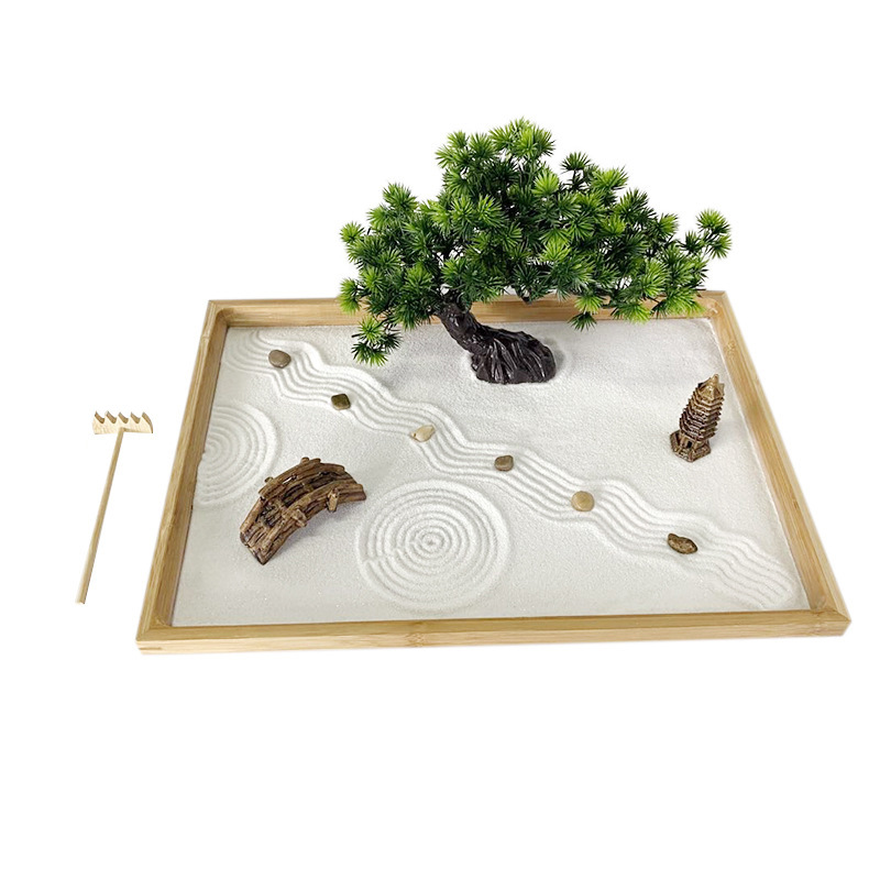 Bonsai Zen Garden Kit - 日本の禅庭 デスク用 白砂、人工盆栽、岩、熊手ギフト 砂キット オフィス装飾